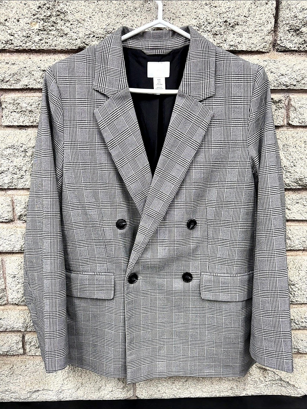 H&M Women’s Size S Double Breasted Glen Plaid Blazer Black White Grey